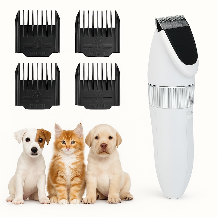 Masina de tuns animale, Geemy®, GM-635, pentru caini, pisici, Lama ceramica, 4 perii de la 3mm pana la 12mm, Acumulator trimmer, autonomie 40 minute, Silentioasa, Fara fir, Ghid aparat de tuns animale, Argintiu