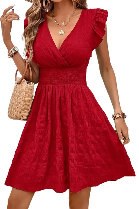 Rochie vara, decolteu in V, volanase pe umeri, Rosu