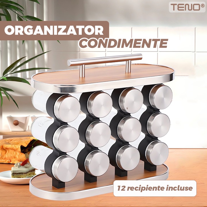 Комплект от 12 контейнера за подправки Teno®, дървена стойка, 12 буркана, метален капак, универсални, висококачествени, пестящи място, кафяви