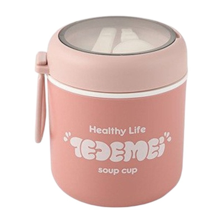 Cana supa portabila cu capac etans, 500ml, design compact, material PP alimentar, potrivita pentru microunde, usor de transportat, cu lingura si furculita, ideala pentru pranz birou scoala calatorie, roz