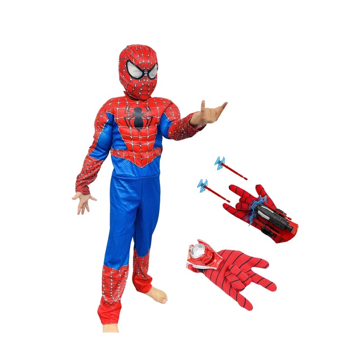 Costum Spider-Man KidMania® cu muschi si doua manusi lansator cu ventuze pentru copii, 7-9 ani, 120-130 cm