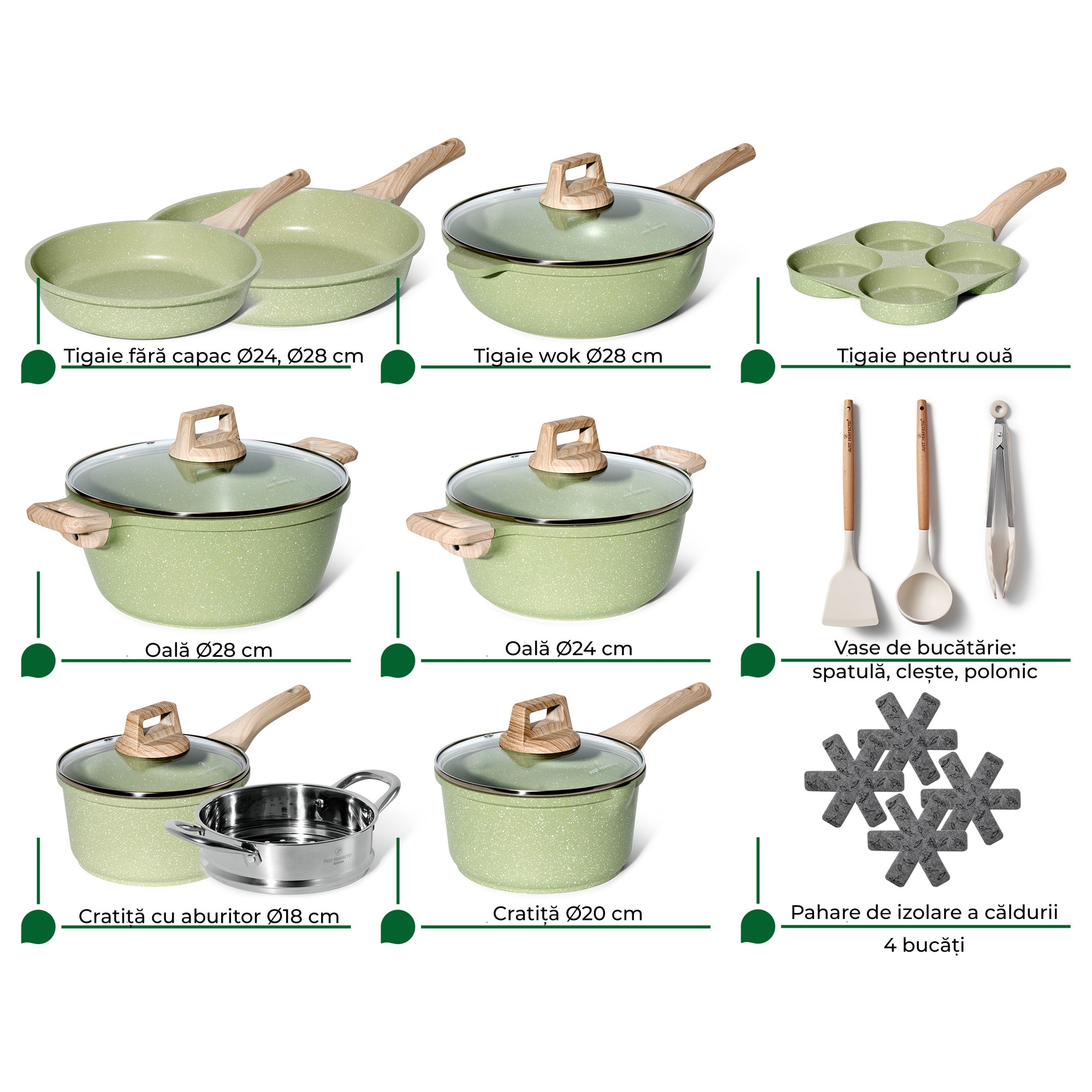 Set De Oale JUST PERFECTO - 21 Piese, Granit, Verde, Ușor De
