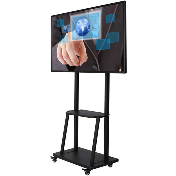 Stand mobil de TV, 42"-100", pentru prezentari, conferinte, cu rafturi de sustinere laptop si proiector, roti blocabile, unghi de inclinare reglabil, 360°, Negru, ELDEPO®