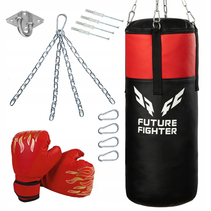Geanta De Antrenament Pentru Box Si Manusi, Ferocity, Sac de Box Umplut (60x25cm), Manusi Adaptate Copiilor, Kit de Montaj Complet (Lant, Carlig), Multicolor