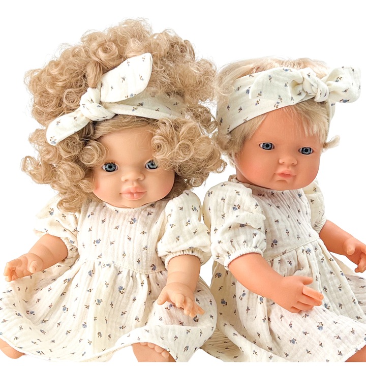 Bentita pentru Miniland 38 cm, Minikane 34, flori albastre de epoca in muselina
