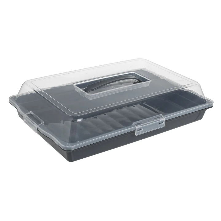Suport din Plastic Antracit & Capac cu Maner pentru Prajituri 30x44x10cm, cutie alimentara, depozitare alimente, capac etans