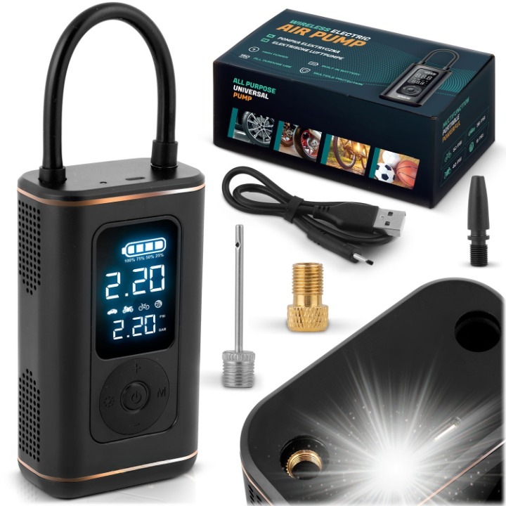 Pompa de Aer Electrica Portabila Wireless idealSTORE, Afisaj LED, Baterie 2500 mAh, Lanterna incorporata si mod SOS, Oprire Automata la atingerea presiunii setate, Umflare Rapida