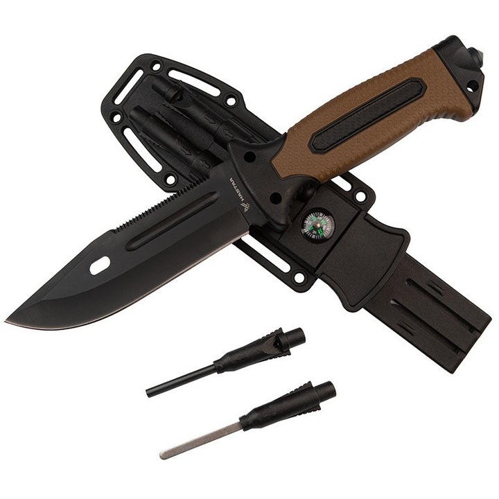 Cutit tactic survival si de vanatoare BSH ADVENTURE, lama fixa Clip Point 13.5 cm, lungime cutit 27.5 cm, otel inoxidabil 420J2, maner antiderapant, teaca multifunctionala cu amnar, fluier si ascutitor