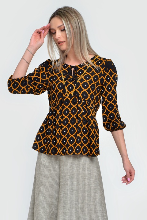 GIORGAL, Bluza cu model si maneci medii bufante Nona, Negru/Maro deschis