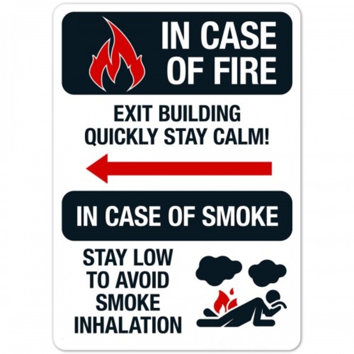 Indicator In case of fire exit building quickly stay calm sign, Sticker autocolant, Cri-Flo, Dimensiune A3 42x30 cm