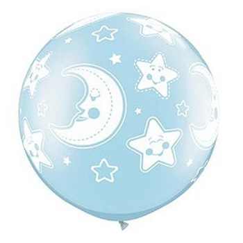 Baloane latex mari Jumbo bleu 80 cm inscriptionate cu luna si stelute botez, Qualatex, 2 buc Baloane latex mari Jumbo bleu 80 cm inscriptionate cu luna si stelute botez, Qualatex, 2 buc