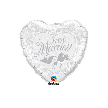 Balon folie metalizata 45 cm Just Married Pearl White & Silver nunta, Qualatex Balon folie metalizata 45 cm Just Married Pearl White & Silver nunta, Qualatex