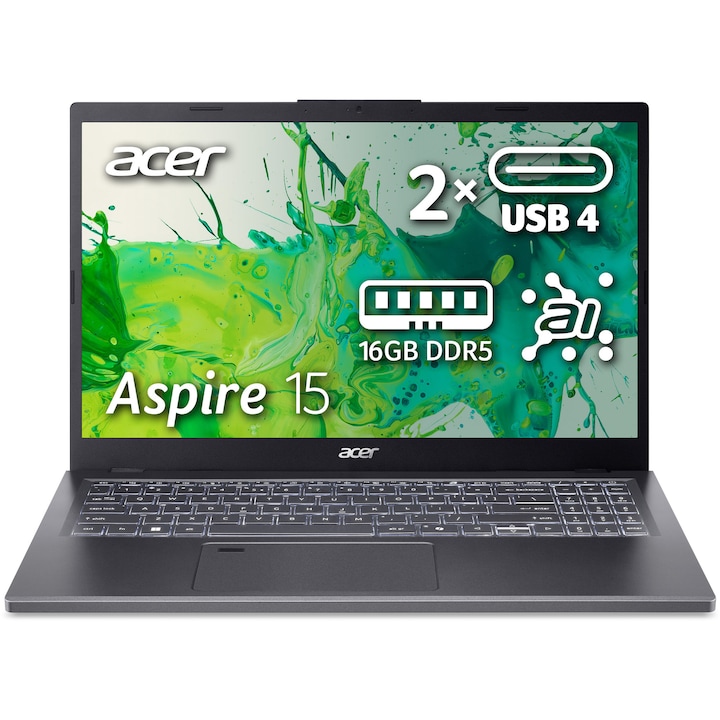 Acer Aspire 15 A15-61M-R7W7 laptop, AMD Ryzen™ 7 8840HS, 15.6'', Full HD, IPS, 16GB DDR5 RAM, 512GB SSD, AMD Radeon™ 780M, Operációs rendszer nélkül, Acélszürke