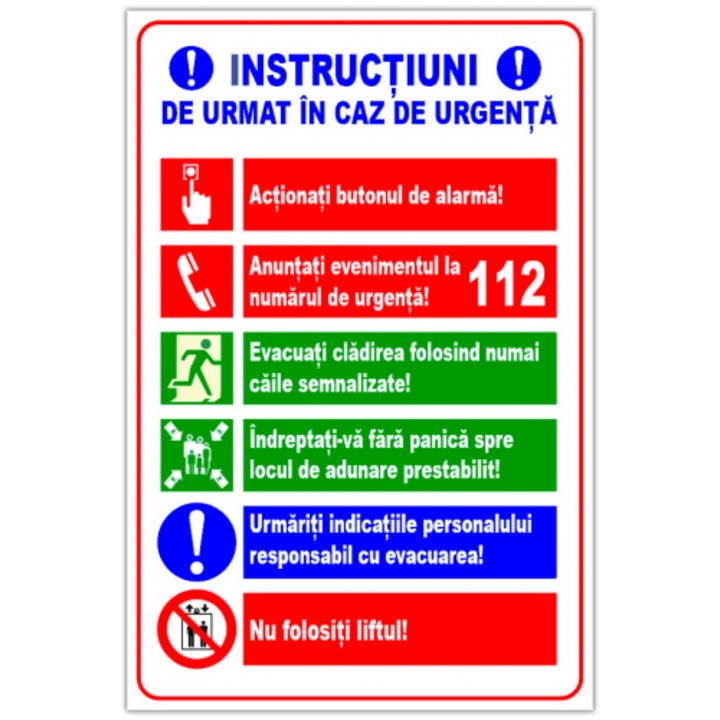 Indicator Panou pentru instructiuni de urmat in caz de urgenta, Sticker autocolant, Cri-Flo, Dimensiune A4 21x30 cm