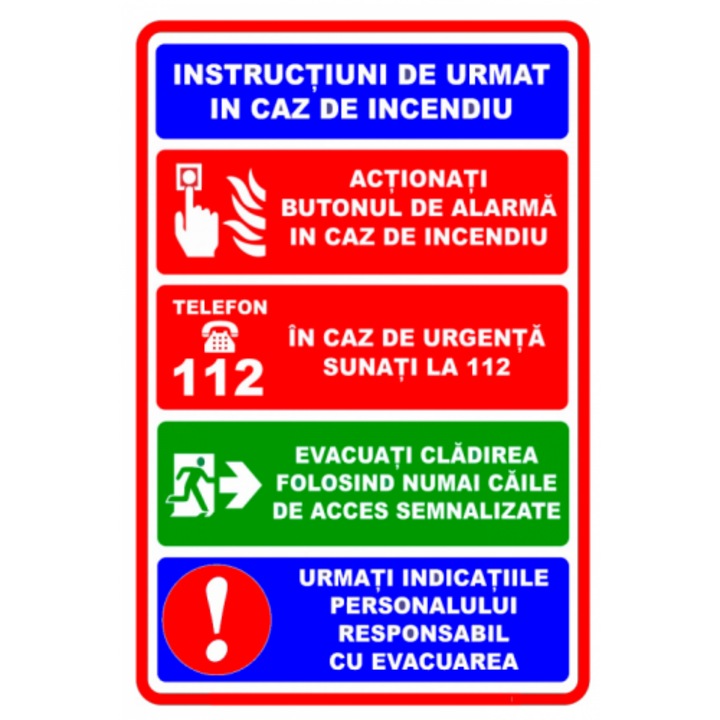 Indicator Semn pentru instructiuni de urmat in caz de incendiu, Sticker autocolant, Cri-Flo, Dimensiune A4 21x30 cm