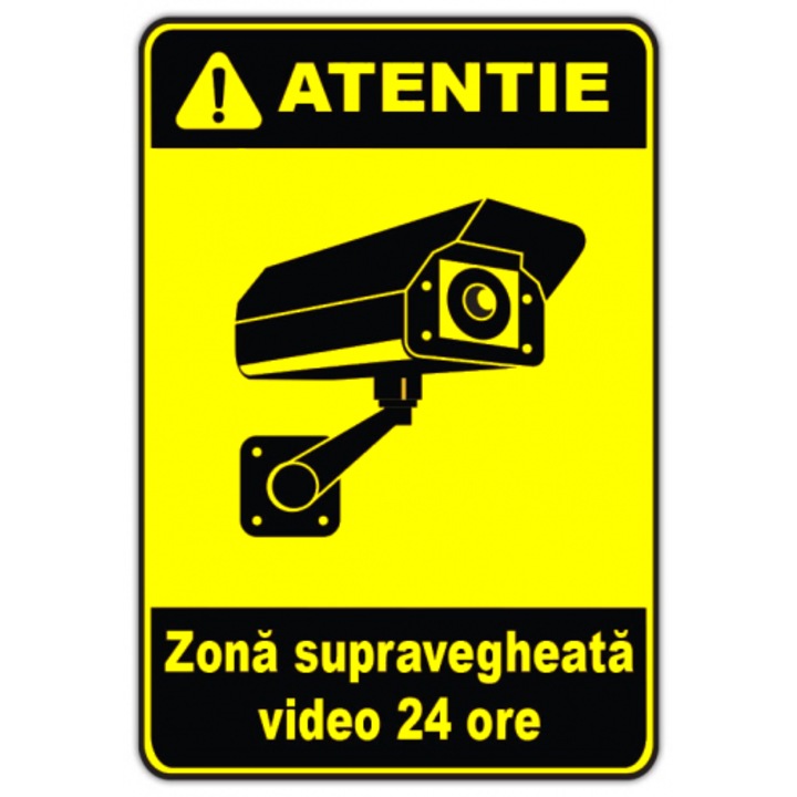 Indicator Semn pentru zona supraveghere video 24 ore, Sticker autocolant, Cri-Flo, Dimensiune A5 21x15 cm