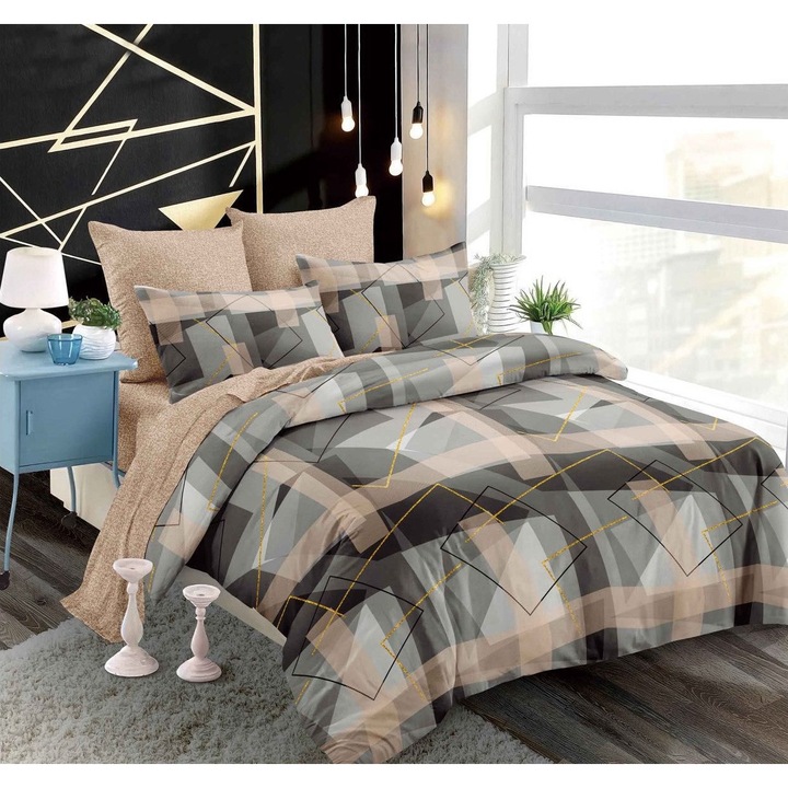 Set Lenjerie CHIRASO, FINET, pentru 2 persoane, 6 piese: Cearceaf cu elastic 180 x 200 cm, Cearceaf pilota 200 x 230 cm, 2 fete de perna 70 x 70 cm si 2 fete de perna 55 x 80 cm, cu imprimeu, maro deschis