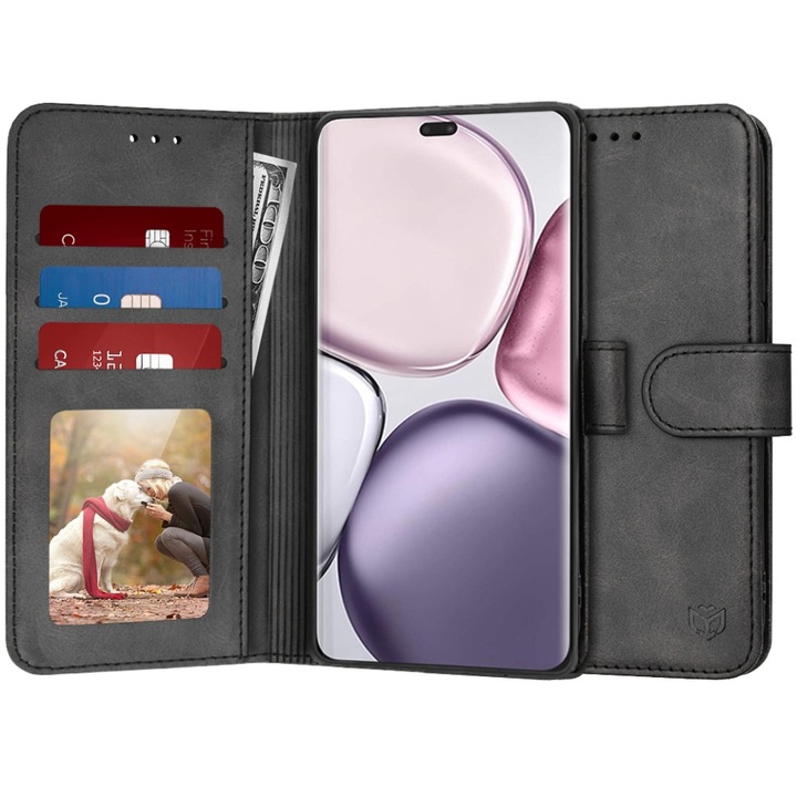 Husa pentru Honor X9c / Magic7 Lite, SKYDDAR INNOVATION, Diary Book, tip carte, cu Portofel Interior, Antisoc, Negru, set cu sticker