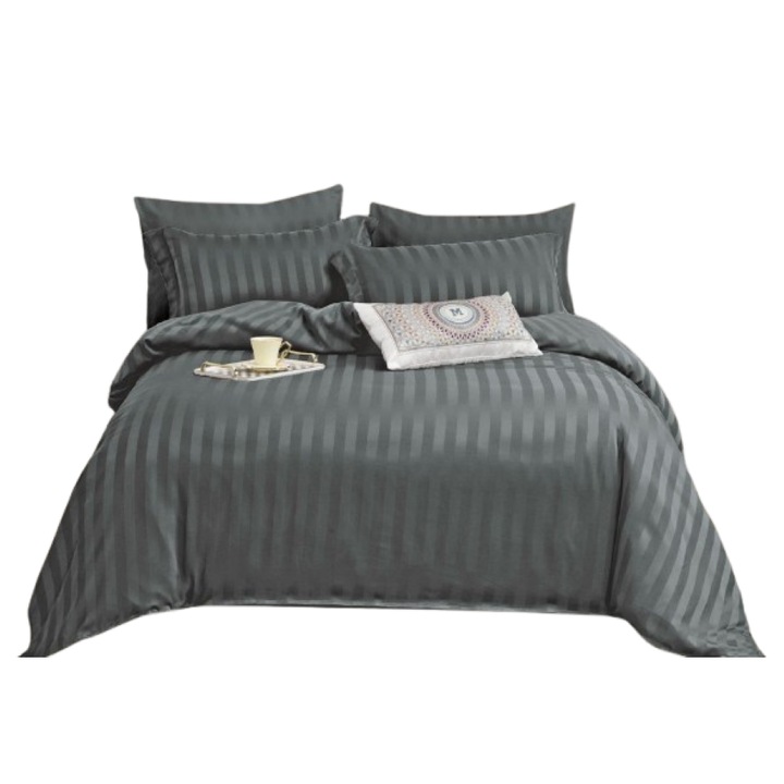 Lenjerie de pat dublu, Primavara, Cearsaf cu Elastic, Damasc, 6 piese, 2 persoane, Uni, 180x200cm, Gri Inchis