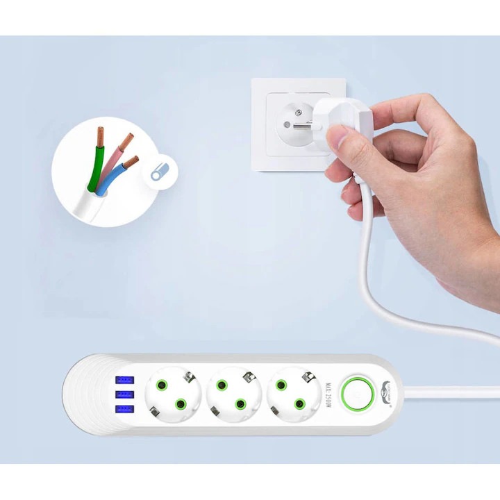 3-метров електрически удължителен кабел с 3 гнезда и 3 USB порта, скоба за окачване, устойчив на висока температура, ключ, черен 2500 W