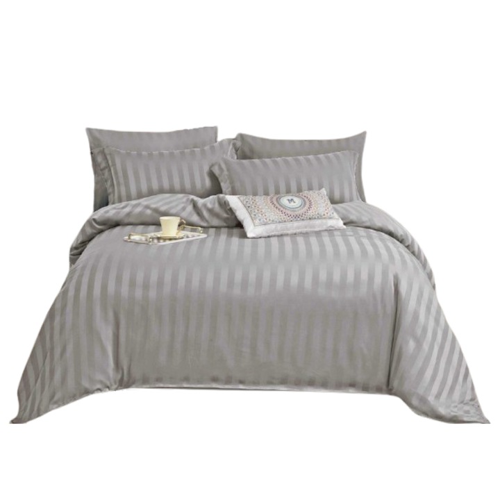 Lenjerie de pat dublu, Primavara, Cearsaf cu Elastic, Damasc, 6 piese, 2 persoane, Uni, 180x200cm, Gri Deschis