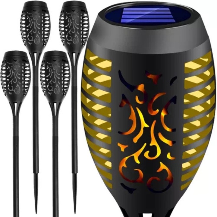 4 darabos VarioShop® LED napelemes lámpa természetes lánghatással, dekoratív világítás kertbe, teraszra vagy járdára, időjárásálló, 12 LED-del és beépített akkumulátorral, 51 cm, fekete