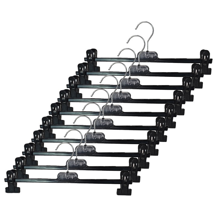 Комплект 10 закачалки с щипки, регулируеми, 36 см, за поли, рокли или панталони, черни