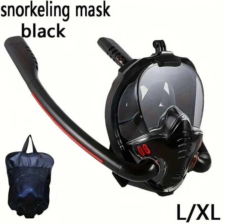 Snorkeling maszk két légbeömlővel, GoPro tartóval, fekete – Hatékony szellőzés, kiváló láthatóság L/XL