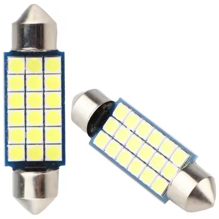 Set 2 Becuri auto LED, BZRSH, C5W Sofit, 18 LED SMD, argintiu