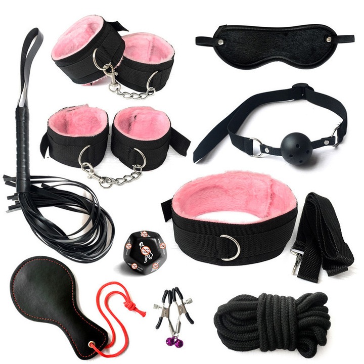 Set bondage, 10 piese, culoare roz, material PU