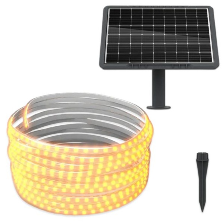 Kit Banda LED 10 Metri cu Alimentare Solara, Lumina Alb-Calda, Panou Monocristalin 100W, IP65, Set Complet pentru Iluminat Exterior