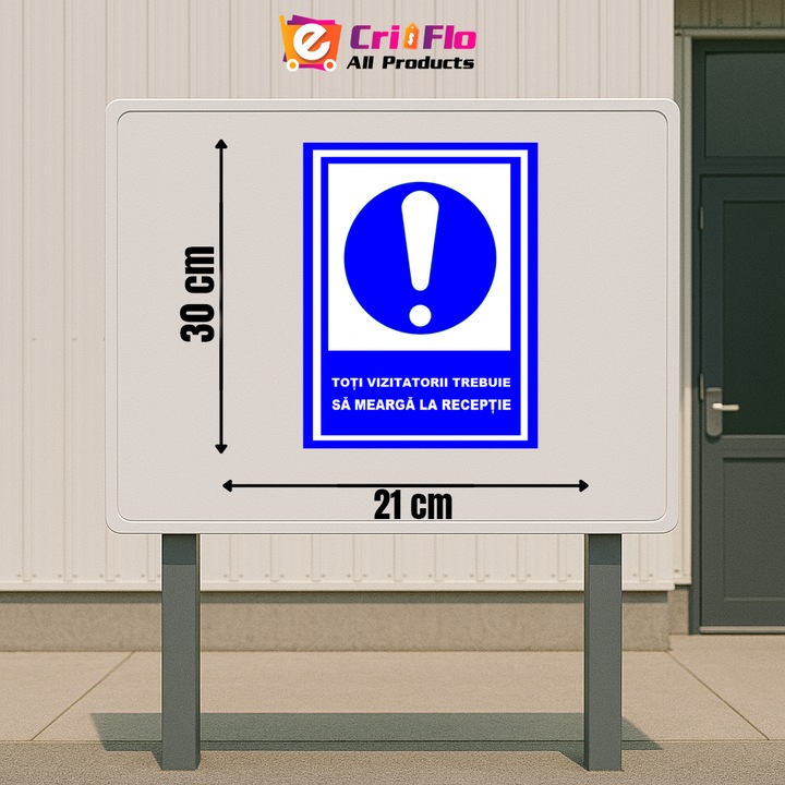 Indicator Toti vizitatorii trebuie sa mearga la receptie, Sticker autocolant, Cri-Flo, Dimensiune A4 21x30 cm