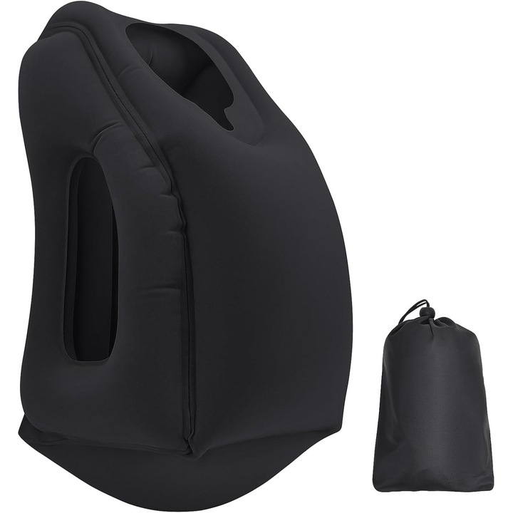 Perna de calatorie gonflabila, ergonomica, cu suport pentru cap si brate, unghi 45°, pentru avion, masina, tren, autobuz, neagra