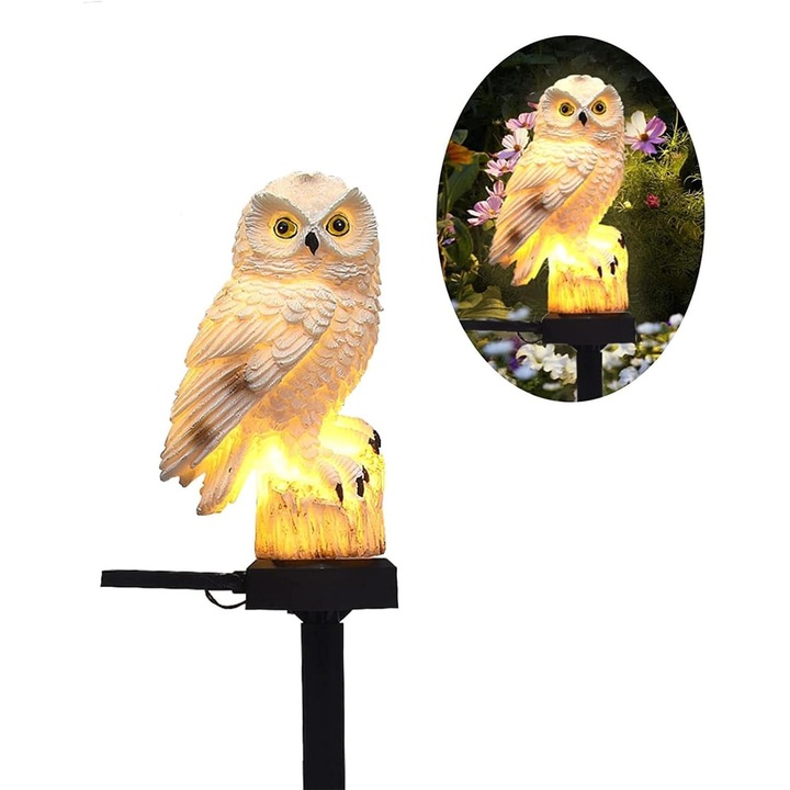 Lampa solara de gradina in forma de bufnita, cu senzor de amurg, LED, lumina calda, rezistenta la apa, decoratiune solara exterior, 44 x 11 x 6.5 cm