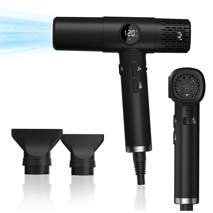 AP Professional hajszárító, 1800 W, 110 000 fordulat/perc, hideg levegős fúvóka, digitális motor, 3 fúvóka, 5 sebességfokozat, fekete, 273 g