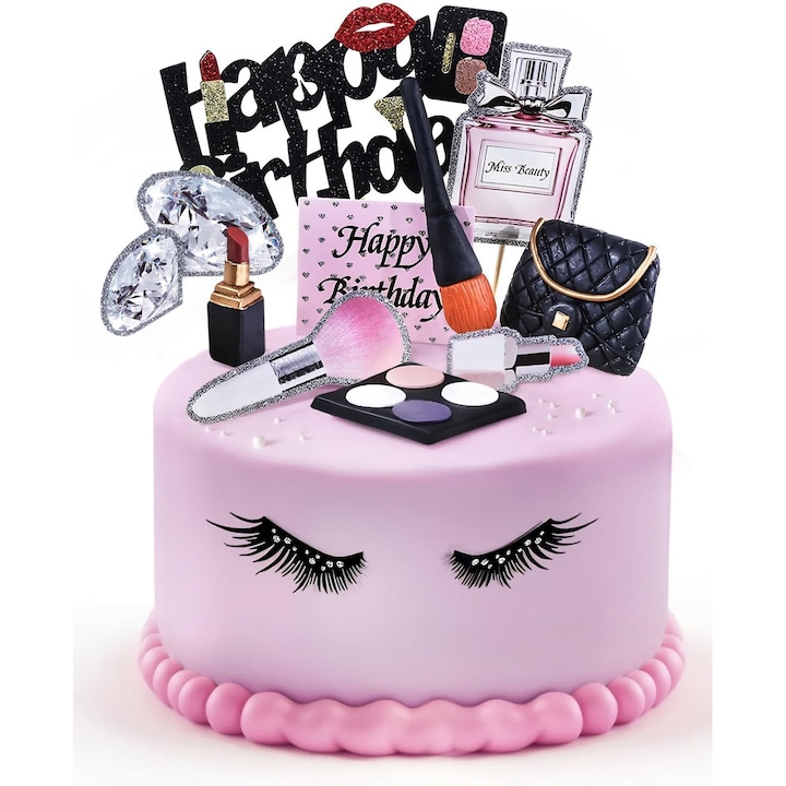 Topper pentru tort cu tematica cosmetica, produse de makeup, decorare aniversare, non-toxic, set party