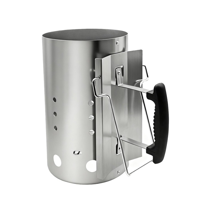 Starter de cos de carbune, cos de carbune mare de 12x7,5 inch cu maner de siguranta, gratar de pornire de cos de carbune pentru gratar de carbune si gratar fumatori, argint