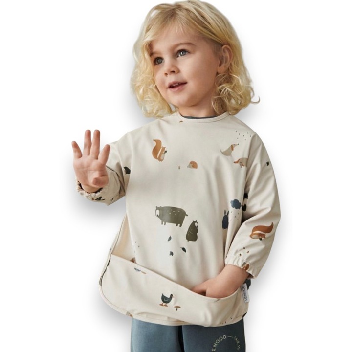 Sort de protectie copii MilaBaby cu maneci si buzunar, impermeabil, multicolor, 6m+