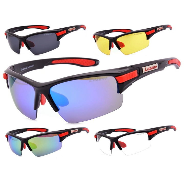 Set ochelari sportivi Lozano, 5 lentile interschimbabile, polaroid, UV400, negru + rosu, dimensiuni 13.8x4.5cm