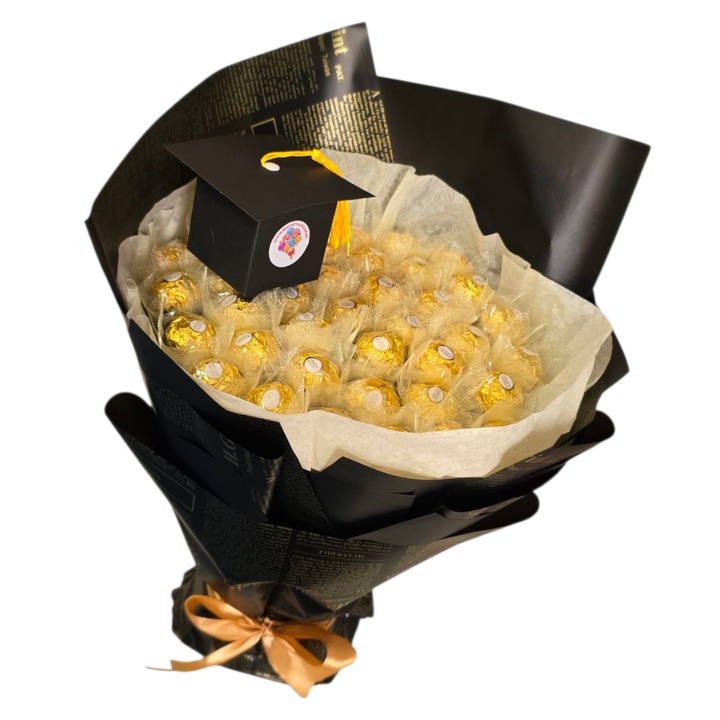 Buchet de absolvire cu 39 praline Ferrero Rocher si toca decorativa
