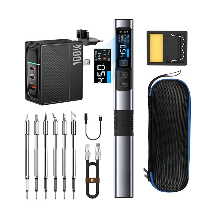 Fier de lipit electric letcon, HS-02A, 100W, OLED, Temperatura reglabila, 100-450℃, 6 varfuri, Alimentator inclus, 61g, Aluminiu, Albastru