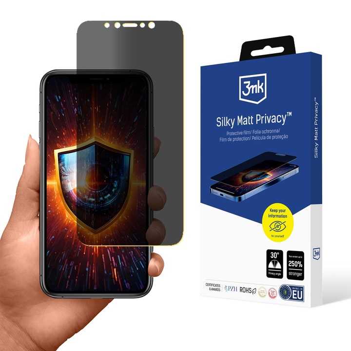 Folie protectie pentru telefon, 3mk Silky Matt Privacy, mat, 30° unghi de vizualizare, instalare pe umed, pentru Apple iPhone 11 Pro