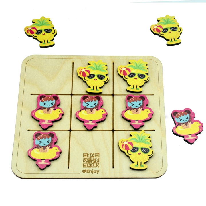 WOOD YOU DO fa játék, tic-tac-toe, 10 színes bábu, 15x15cm, készlet