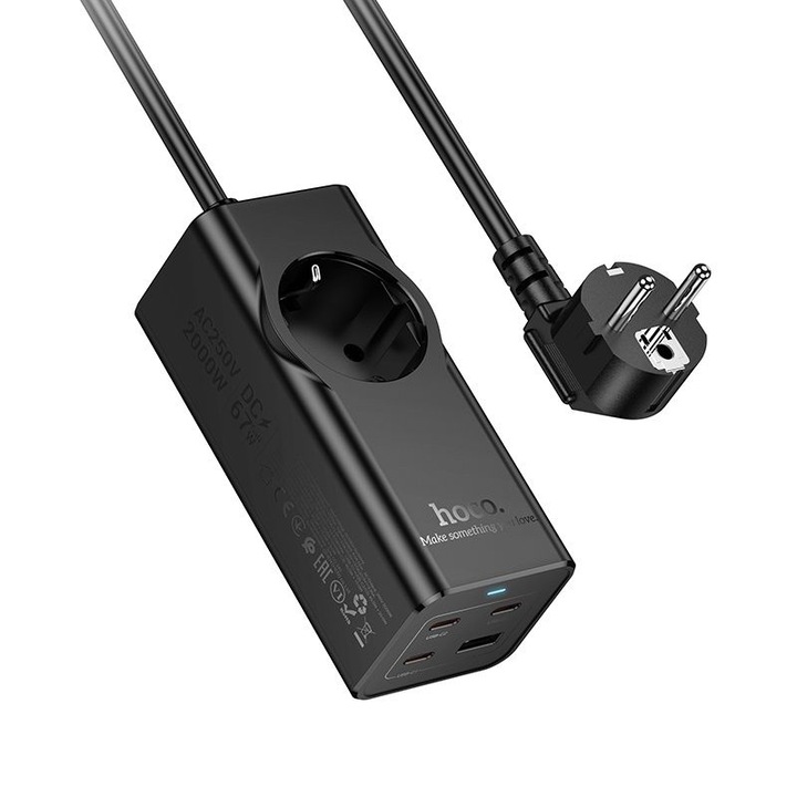 Удължителен кабел с вградено зарядно устройство, USB + 3x Type-C, QC3.0, 3A, 67W, NS9, 2 м, Черен