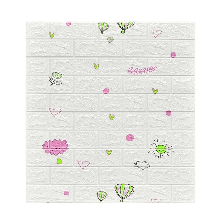 Set 10 Placi Tapet 3D, 70 x 77 cm, Grosime 3 mm, din Polietilena, Tip Caramida, Model cu Baloane, Suprafata acoperita 5.3 mp, Alb