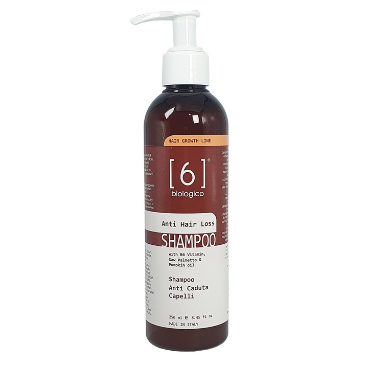 Sampon Anti-Cadere a Parului cu Vitamina B6, Ulei de Dovleac si Serenoa, Fortifiant si Revitalizant,100% Natural, 250ml, 6biologico