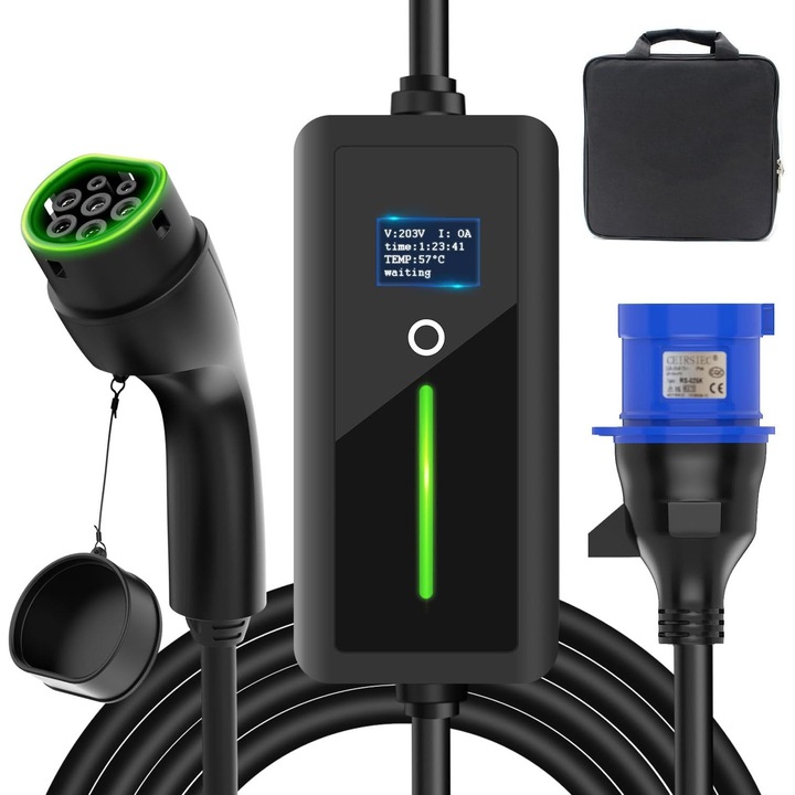 Hordozható elektromos töltő 7kW, 2-es típusú töltőkábel CEE csatlakozóval, vízálló IP67, 5 m hosszú, elektromos járművekhez