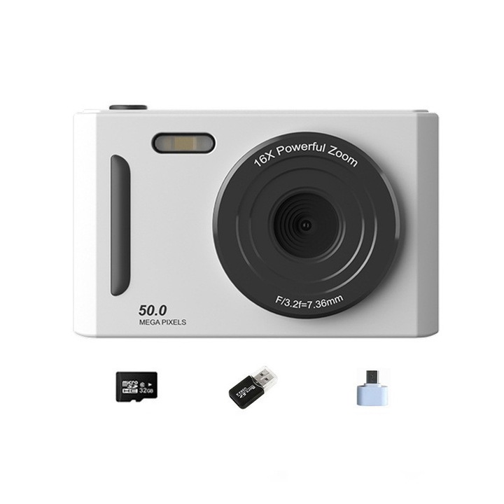 Aparat foto digital compact cu card de memorie de 32G, zoom 8x, doua camere fata si spate, 50 MP, fotografiere temporizata, ecran IPS de 2, 4”, transfer rapid de fotografii OTG, Camera pentru elevi, alb