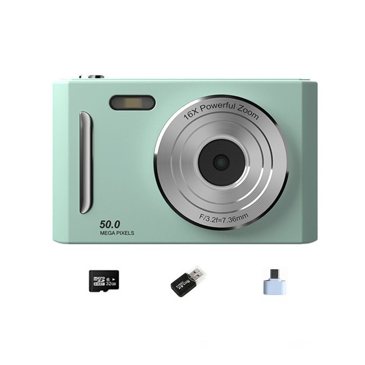 Aparat foto digital compact cu card de memorie de 32G, zoom 8x, doua camere fata si spate, 50 MP, fotografiere temporizata, ecran IPS de 2, 4”, transfer rapid de fotografii OTG, Camera pentru elevi, verde