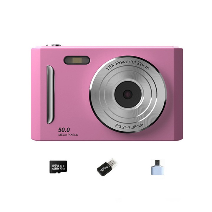 Aparat foto digital compact cu card de memorie de 32G, zoom 8x, doua camere fata si spate, 50 MP, fotografiere temporizata, ecran IPS de 2, 4”, transfer rapid de fotografii OTG, Camera pentru elevi, violet